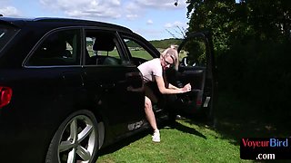Outdoor voyeur GF teases her BF from car while he jerks cock