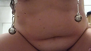 Hard riding a dildo, with weights on my nipples, in latex stockings, with a wand, to orgasm