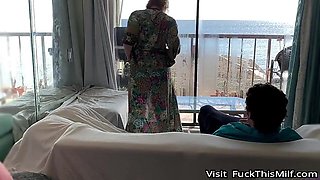 Plump, blond cougar with yam-sized orbs is about to get poked from the back, until she jizzes