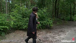 Naked bound blonde exposed in public