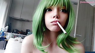 Cute Green Hair Egirl smoking 2 cigarettes at the same time (ask me for full vid)