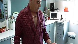Hot French babe teases older fat dude with her naked body