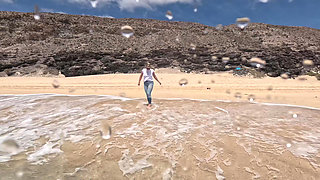 Girl Wetting Jeans in the Ocean and Swimming in Wet White T-shirt
