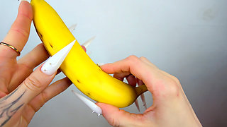 Long White Nails Scratching And Destroying Banana Like Dick
