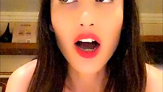 Busty curly brunette with big boobs fucks on couch