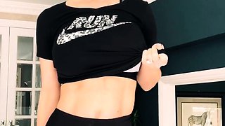 Busty curly brunette with big boobs fucks on couch