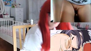 Nerdy redhead teen watches anime and masturbates on webcam
