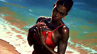 4K 100% Ai Generated 3D Soft Looping Pmv: Dark-skinned Thick Ass Gentle Twerk on Tropical Beach in Sexy Bikinis