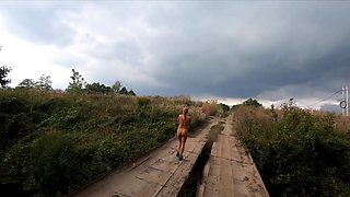 Risky Public Walk - Naked on a Broken Bridge