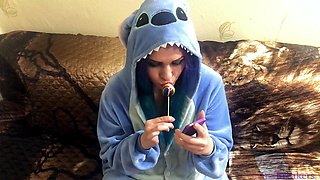 Emo Girlfriend Sucks Lollipop and Something Else in Stitch Cosplay