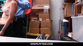 Short Haired Brunette Teen Caught Shoplifting Gets Fucked By Security Guard