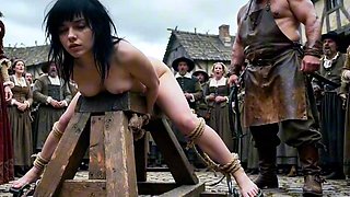 Medieval maid roped and displayed for village gangbang show