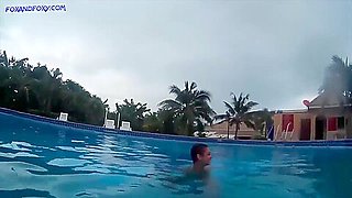 Fucking in the public toilet by the pool blowjob, anal and cum in mouth