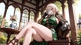 Blonde Knight's Afternoon! Green Uniform Golden Mechanical Arms, Lazily Contemplating in Ancient Stone Ruins.