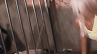 Brunette and a Blonde Manage to Fuck Each Other with a Strapon Through Prison Bars