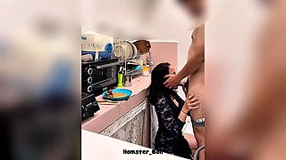 Almost Caught, Cheating Maid While Cooking In The Kitchen