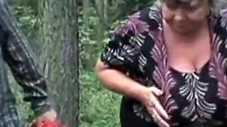 The girl looking for mushrooms sees an older lady with big tits fucking with her old husband and gets very horny