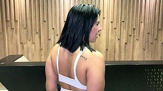 LATINA COUGAR NEIGHBOR humps a BIG BLACK COCK in the office elevator, unclothes the love glove, internal ejaculation, bi-racial