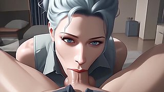 Blue-haired milf Atkins' Heaven gives a mind-blowing deep-throat blowjob in animated style