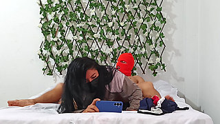 The typical story of a masked stepbrother fucking his stepsister to make homemade porn