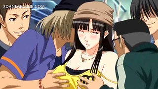 Big breasted hentai sex slave gets nipples pinched in public