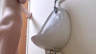 Girl with Nice Ass Strips and Pisses Mens Bathroom Risky Pee