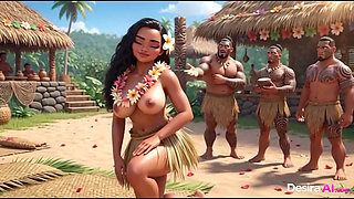 Exotic hula beauty on all fours, tribal men watching her curves (AI Generated)