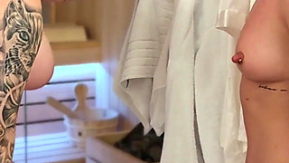 Luxury Shower Duo: Elegant Blonde & Tattooed Friend - Glass Dildo Worship & Double Golden Stream Finale