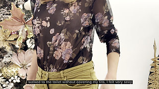 Trying my new sheer blouse in a caffe, showing my hard pierced nipples in public.