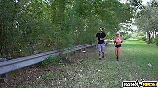 Jogging busty and bootyful chick Brandi Bae bangs black dude under husband's nose