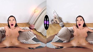 Cute teen Milena Ray riding cock in vr, showcasing her slim body and shaved pussy.