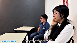 Nerdy Student in Glasses and Big-Butted Student Fuck Milf Professor in Class with Intense Pounding