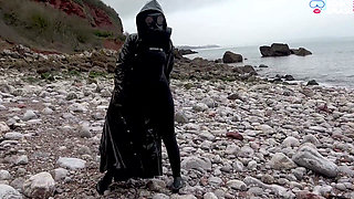 Gas Mask Goddess - Rubber Wetsuit & Pvc Mac Beach Tease