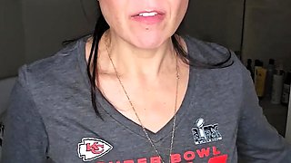 Busty curly brunette with big boobs fucks on couch