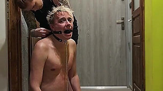 Femdom. Sex Slave of a Dominatrix. Handcuffed, His Dick Tied up, Toothpaste Smeared on It, and Covered in Urine.