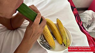 Lesbian Stepmom Stuffs Corn Cucumber in Dripping Pussy to Huge Orgasm Self-Pleasure