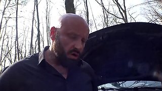 She sucks his big cock before he helps her fix the car