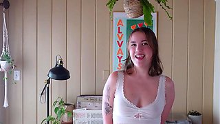 Tattooed dark-haired in undies loves playing with glass