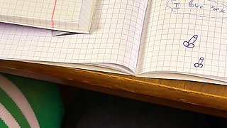 Schoolgirl Giving Him Handjob in Math Class Under the Table at College. Risky Masturbation in a Public Class.