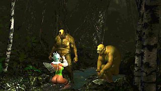 Threesome with a beautiful hot fairy and two orcs in forest