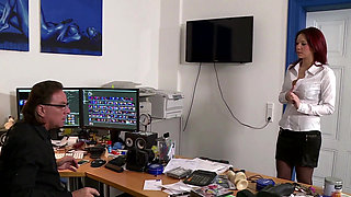 Tattooed redhead chick gets fucked hard in secretary room