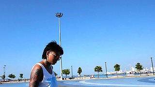 Thai skater teen relaxing on a big cock