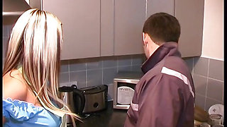 Sexy babe in uniform sucks cock with passion and looking the dude in his eyes