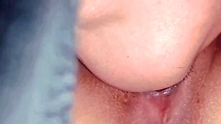 Shaved pussy is dripping wet from rubbing and pussy licking