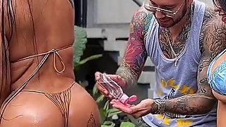Threesome with Colombian Big-bootied Girls Fucking the Pool Boy with Their Big Tits - Sthefycupcake & Alejandra Palacios
