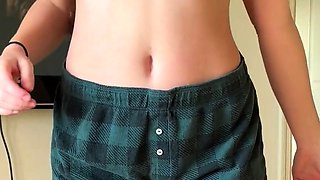 Cute girl in PJs stripping nude showing small tits and