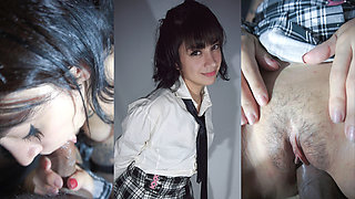Small tits school girl rides a cock