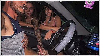Menage Trois - Two Hot Girls Caught Him Masturbating Inside The Car And Helped Him Cum