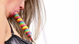 Tattooed asian punk lesbians drilling each other's holes with a candy