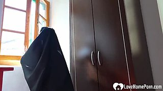 Kriss Kiss strips her nun outfit and gives a deep throat blowjob POV